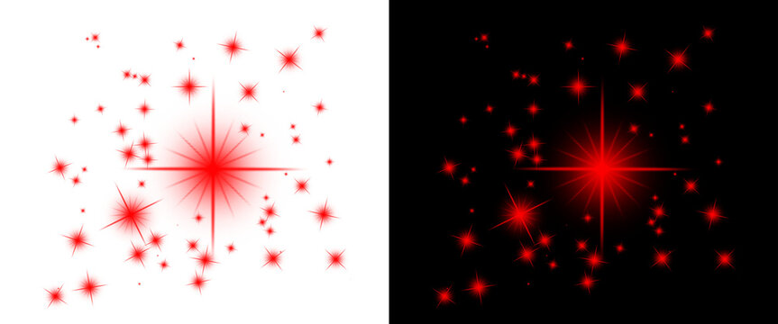 Red glowing stars and sparkling light effects, vibrant red glitter dust on black and white backgrounds, magical stardust burst for holiday design