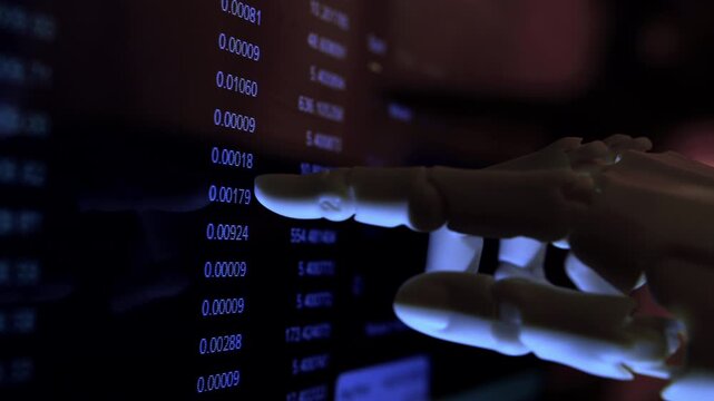 Cinematic close-up of a humanoid robot hand analyzing digital data from a computer monitor. Low depth of field, moody low-light dark office setting. Perfect for AI and future technology .
