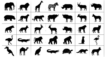 African savanna animal silhouette vector set with wild wildlife safari icons © MdAriful