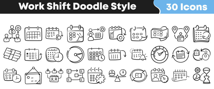 Set of hand drawn work shift doodle style vector icons
