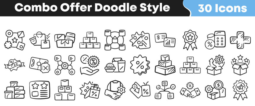 Hand drawn doodle style icons for combo offer shopping deals