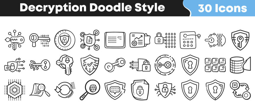 Set of thirty black and white hand drawn decryption doodle icons