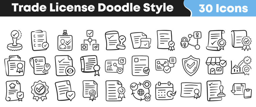 Hand drawn doodle style icons representing official trade license documents