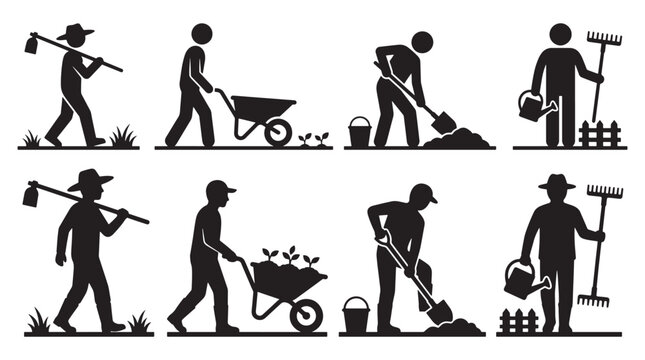 Gardener and Landscaping Worker Silhouette Set &ndash; Black Vector Pictograms of People Hoeing, Digging, Watering, and Planting for Gardening Iconography