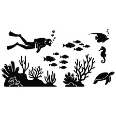 Fototapeta premium Diver swimming through vibrant coral reef with diverse marine life vector silhouette illustration.