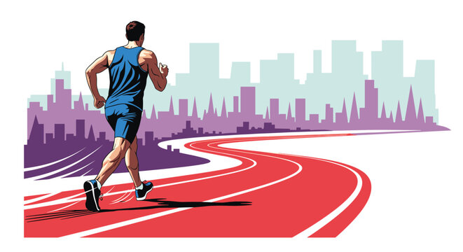 male athlete in a blue tank top and shorts running on an athletic track with a purple city skyline silhouette in the distant background horizon.