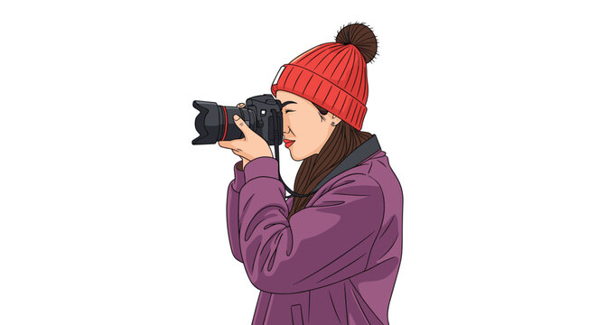 young female photographer in a red beanie and purple jacket looking through her camera lens to capture a scene against a plain white background.