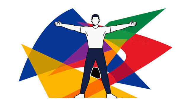 Homem em pose de alongamento com fundo abstrato geom&eacute;trico colorido estilo flat design