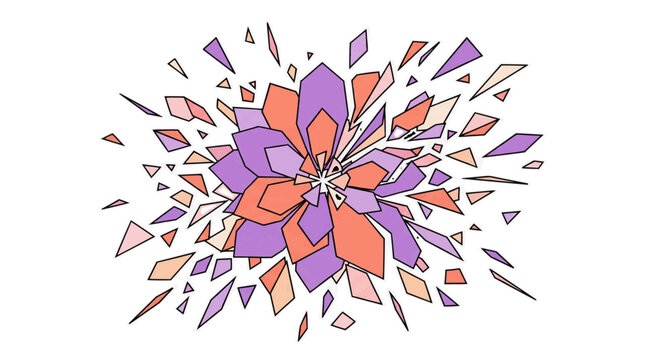 Explos&atilde;o geom&eacute;trica abstrata em tons pastel de roxo, laranja e rosa com contornos pretos