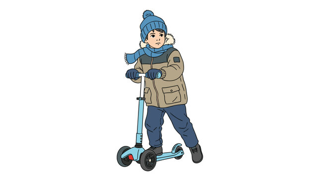 Young boy dressed in a blue hat, scarf, and warm winter jacket riding a blue three-wheeled kick scooter on a clean white background.
