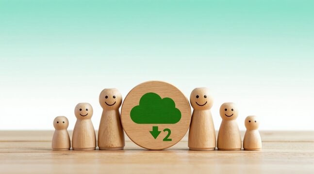 Wooden figures stand near green cloud icon with downward arrow showing reduction by two units. Minimalist setup illustrates eco responsibility concept. Sustainable future idea teamwork promotes