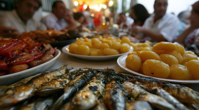 Pessoas celebram Santos Populares com sardinhas e batatas num arraial tradicional.