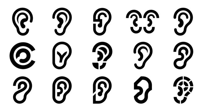 Collection of Stylized Ear Icons, Abstract Human Hearing Symbols