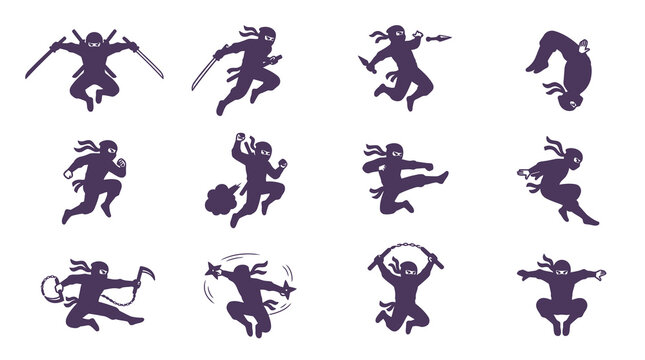 Dynamic purple ninja warrior silhouette action poses.
