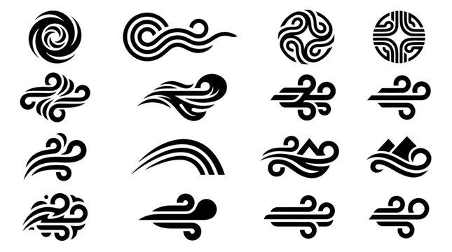 Abstract Wind Swirls and Air Flow Symbols Collection, Black and White