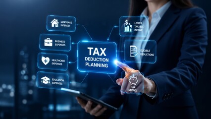 Obraz premium Business professional touching glowing tax deduction planning interface with connected icons on tablet at night