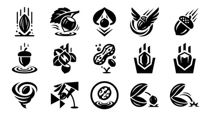 Set of Icons: Nuts, Acorns, Seeds, and Abstract Symbols in Black and White © atha_lintar