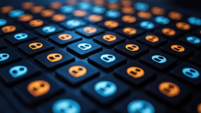 Close-up of a dark computer keyboard with glowing blue and orange alien head icons on the keys, representing online identity or gaming.