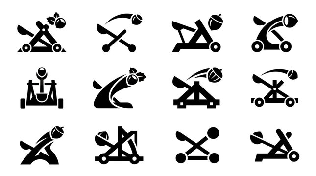 Set of Catapult and Trebuchet Icons - Medieval Siege Weapons