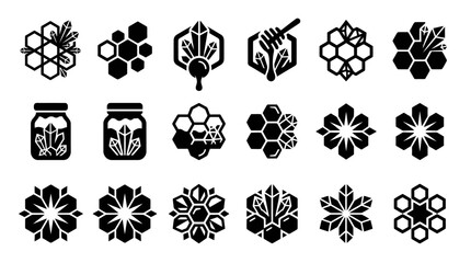 Honey Bee Hive Honeycomb Crystal Flower Icons Set © atha_lintar
