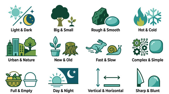 Educational antonym icons illustrating opposite word pairs.