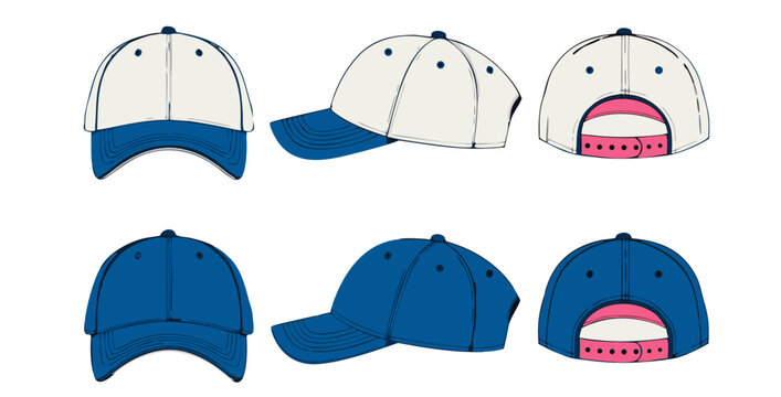Blue and white baseball caps shown from multiple angles with adjustable strap detail