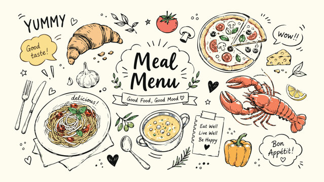 Food illustration with pasta pizza lobster and croissant hand drawn vector style