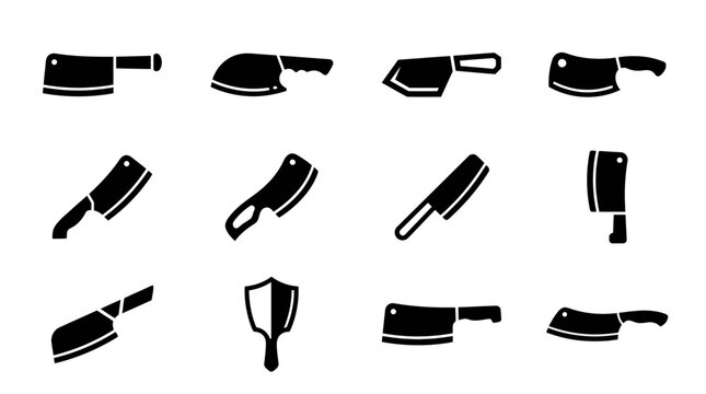 Collection of Butcher Knives and Cleavers Icons, Black Silhouette on White Background