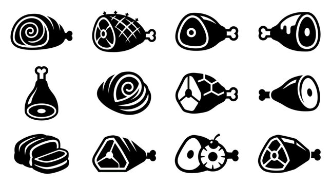 Meat Icons Set: Ham, Pork, Bacon, Ham Hock - Black and White Vector Graphics
