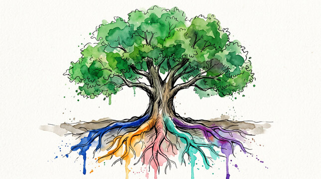 Colorful watercolor ink tree with multicolor roots and shared green canopy, representing cultural diversity, inclusion, heritage and united community