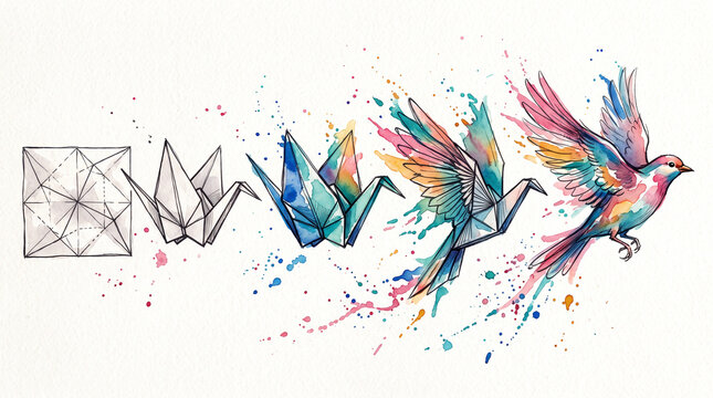 Colorful watercolor ink origami cranes transforming into living birds, representing personal transformation, freedom, growth and positive change across business and wellbeing