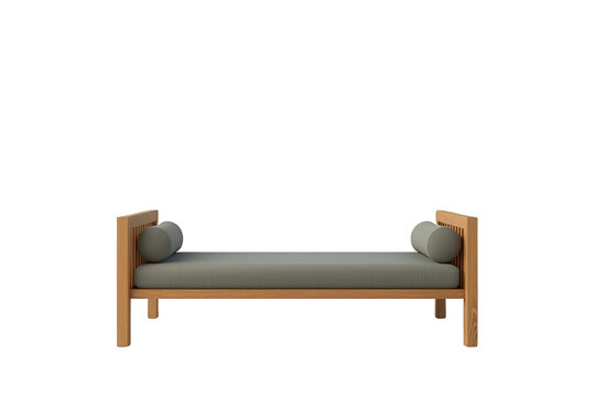 Modern minimalist wooden daybed with grey mattress and bolster cushions, elegant furniture for home interior