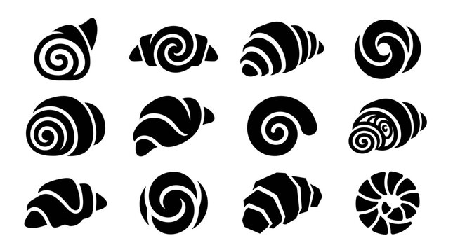 Collection of Black Croissant and Roll Icons on White Background