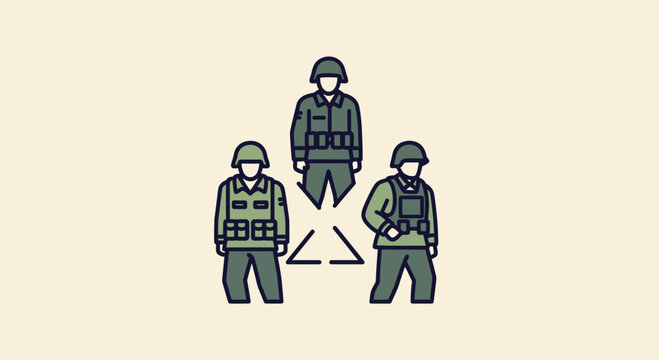 Military teamwork concept: three soldiers in formation with connection lines