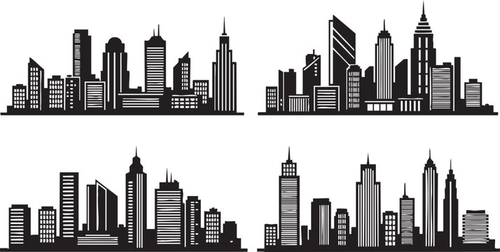 Black and white city skylines with skyscrapers and church spires buildings