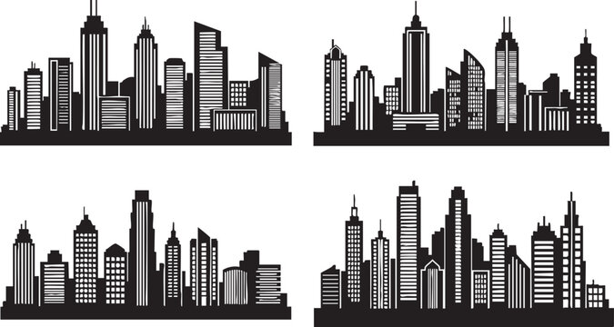 Black and white city skylines with skyscrapers urban landscape silhouettes