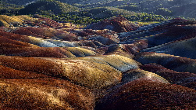 Aerial view of the seven coloured earths in chamarel, mauritius, featuring vibrant volcanic sand dunes