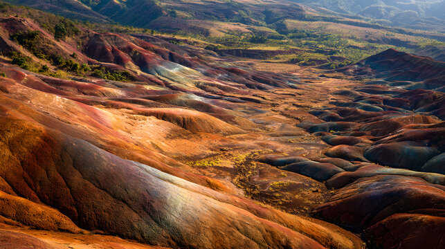 Aerial view of the seven colored earths in chamarel, mauritius, a unique geological formation with vibrant sand dunes
