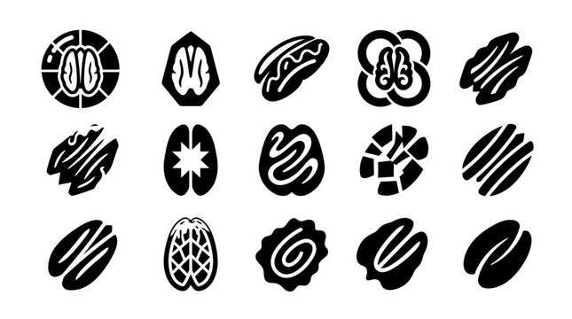 Nut Icons Set: Walnut, Pecan, Almond, Hazelnut, Pistachio Silhouettes