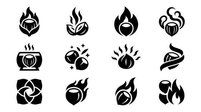 Nut Icons Set: Fire, Heat, Flavor, and Natural Elements