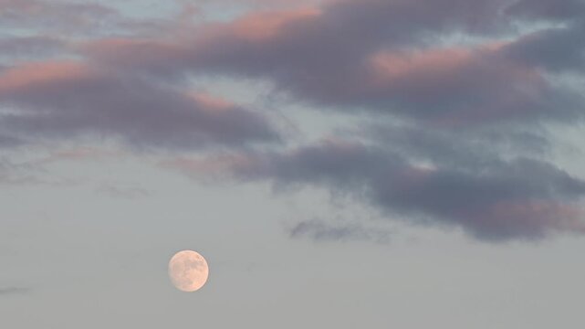 Moon at dusk illuminated clouds, movement at slow pace, close up, vivid background authentic video. Setting sun illuminated clouds