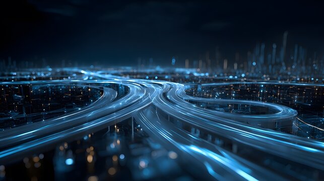 Futuristic city highway at night with glowing blue light trails.