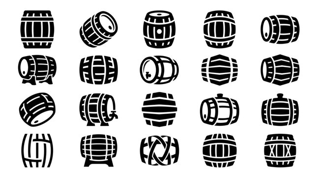 Collection of diverse wooden barrel icons and symbols