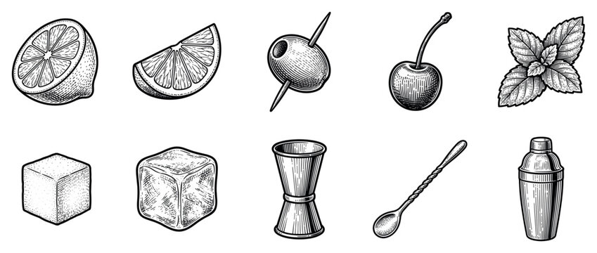 Cocktail ingredients and bar tools icons set. Bartending and drink preparation concept. Includes lemon half, lime slice, olive, cherry, mint leaves, sugar cube, ice cube, jigger, bar spoon,