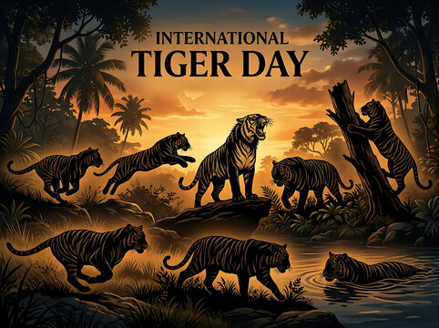 International tiger day celebration with tigers in jungle at sunset, silhouette style
