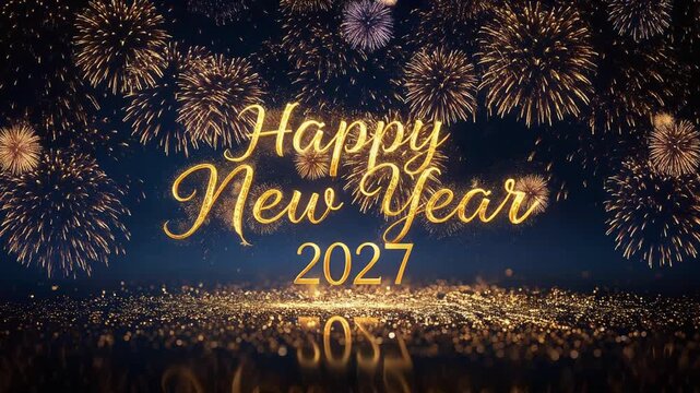 Happy New Year 2027 Golden Typography with Fireworks and Sparkling Festive Night Background.