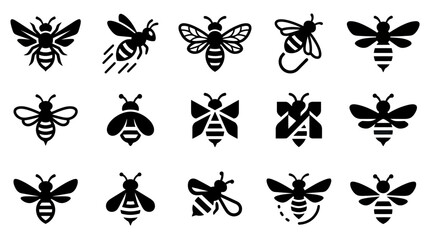 Collection of stylized bee icons, vector set, simple black and white insect graphics © atha_lintar