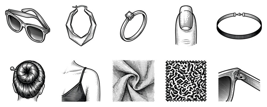 Fashion and beauty icons set. Accessories and style concept. Includes sunglasses, hoop earring, ring, fingernail, choker, hair bun, shoulder, fabric, leopard print. Engraving style