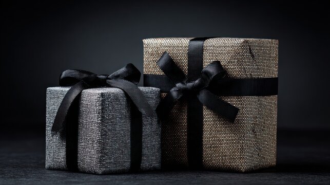 Gifts with a black ribbon against a black background, Black Friday concept.