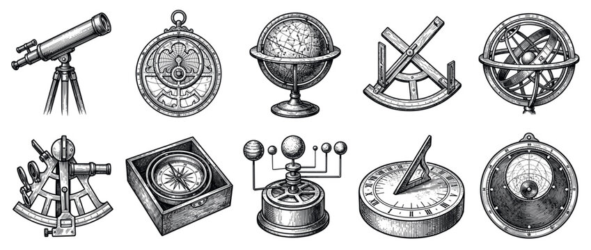 Vintage navigation and astronomy tools icons set. Exploration and scientific discovery concept. Includes telescope, astrolabe, globe, quadrant, armillary sphere, sextant, compass, orrery,